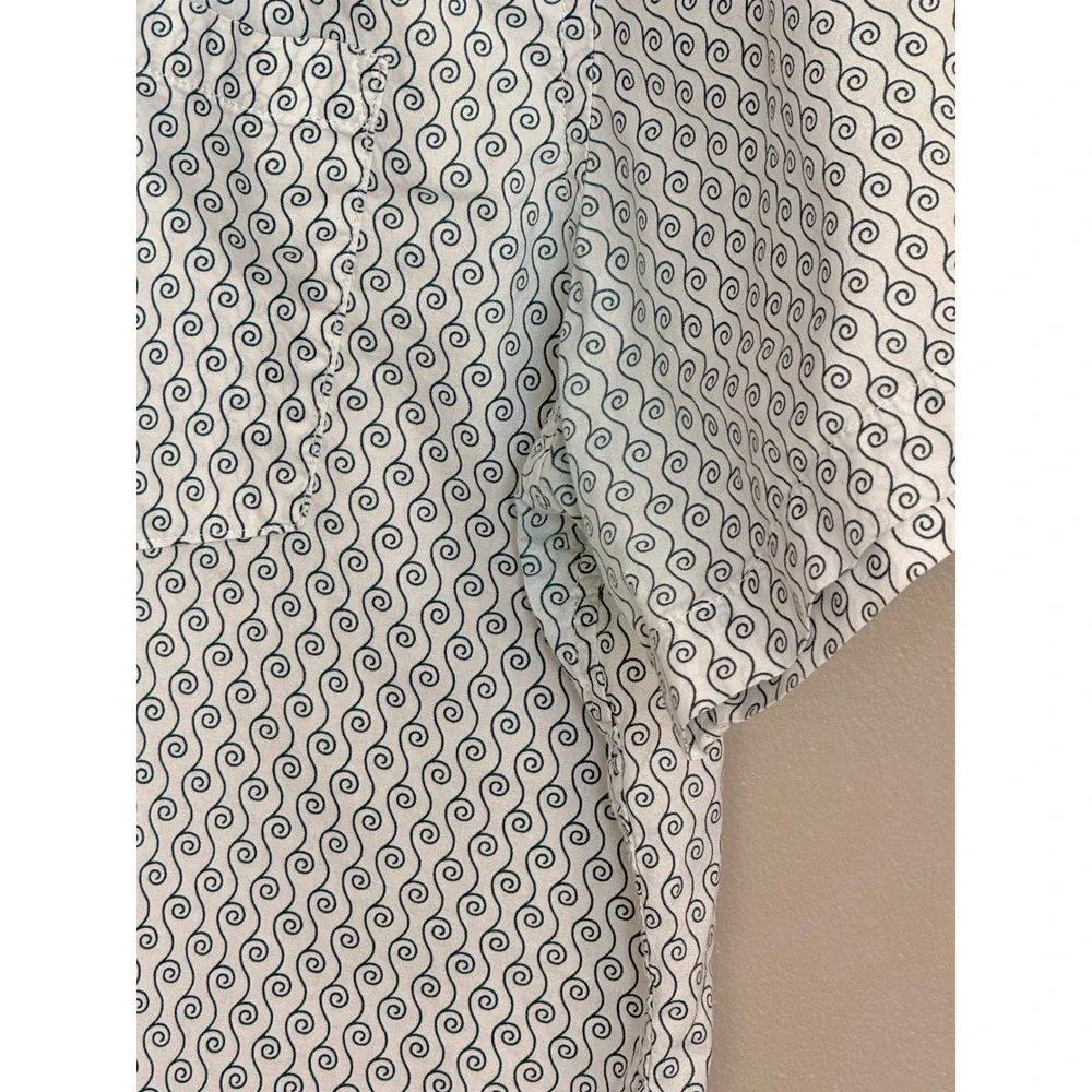 Banana Republic Button Down Mens L White Blue Cotton Stretch Swirl Short Sleeve